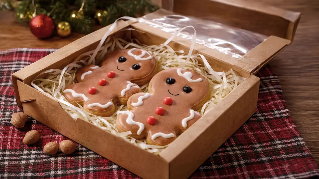 Deux adorables biscuits de Noël en pain d'épice, décorés de glaçage blanc et de bonbons rouges, sont présentés dans une boîte en carton.