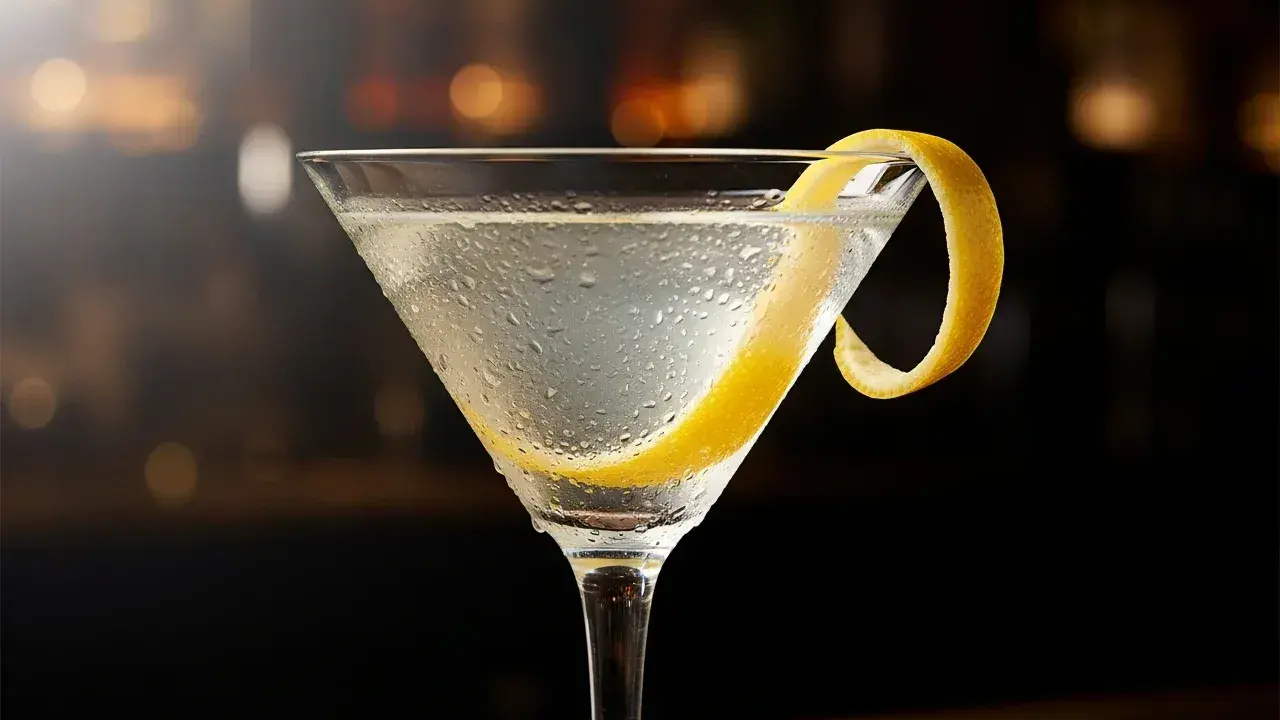 En iskallad dry martini med citronskal. Perfekt för en klassisk dry martini-recept.