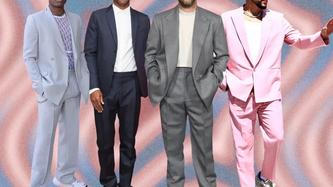 Four men in stylish suits with sneakers. A$AP Rocky in a light blue suit, Frank Ocean in a dark suit, Seth Rogen in a grey suit, and Bad Bunny in a pink suit.