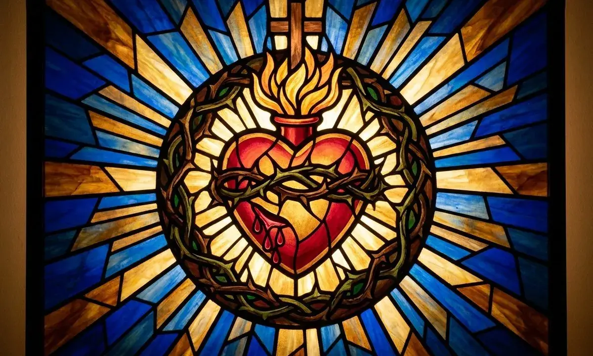 Vitrail rayonnant : le cœur sacré, entouré d'épines et de flammes, symbolise l'amour divin. La signification cœur sacré tattoo est ici magnifiquement représentée.