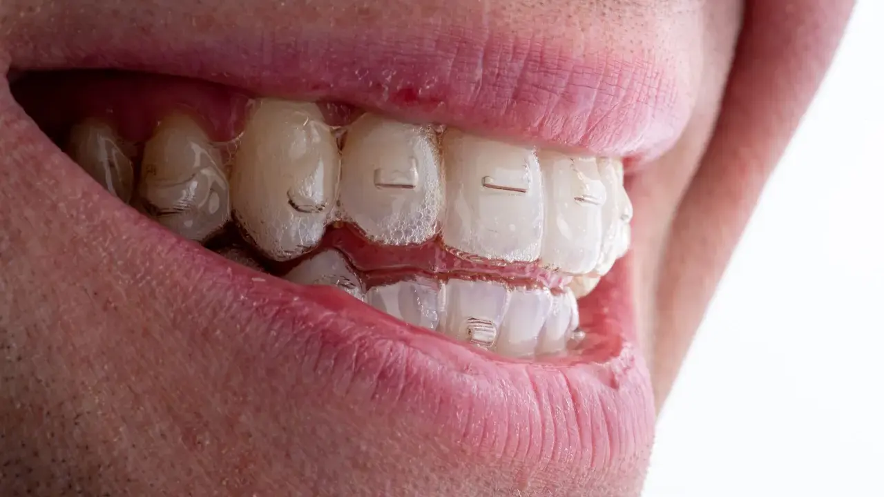 Uśmiech z niewidocznymi nakładkami Invisalign Comprehensive, które delikatnie korygują zgryz.