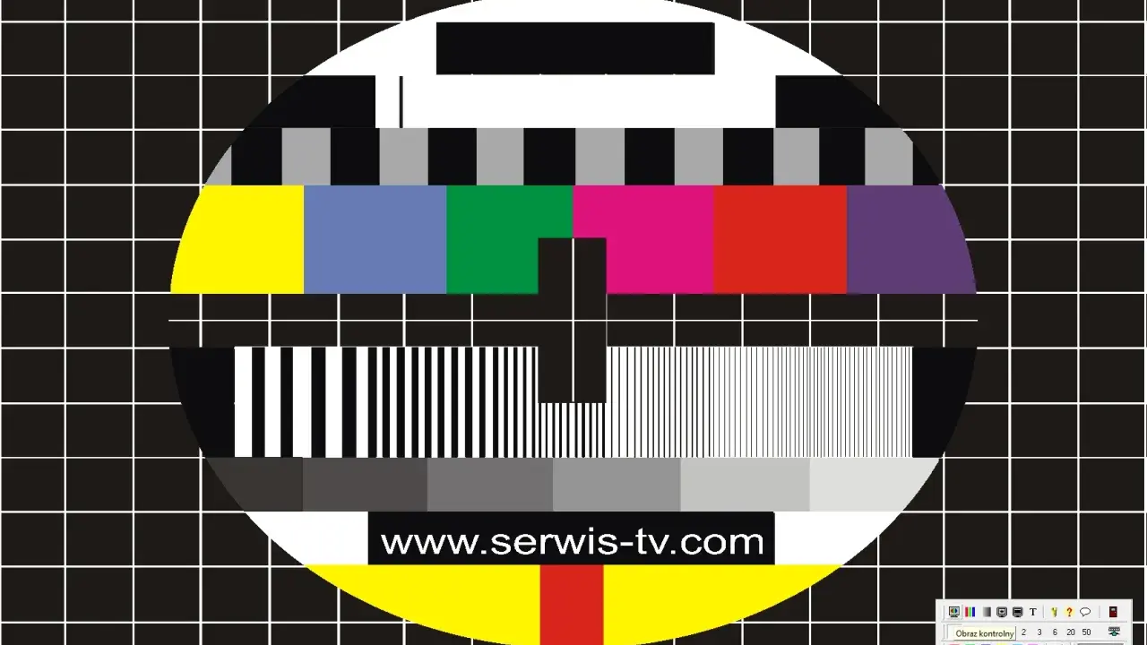 Test kolorów monitora: klasyczny obrazek testowy z kolorowymi pasami, czarno-białymi paskami i tekstem www.serwis-tv.com.