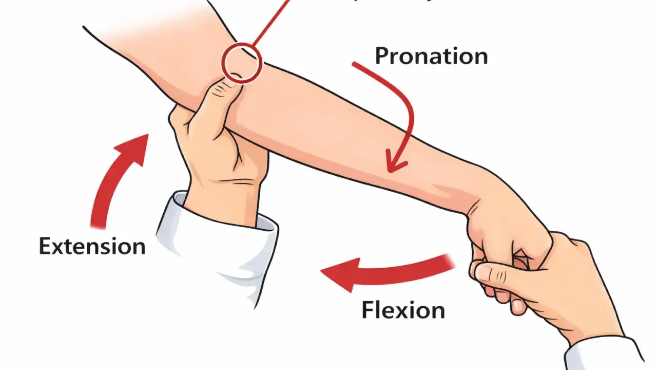 Illustration zeigt einen Tennisarm Test. Der Arzt drückt auf den lateralen Epikondylus, während er Extension und Pronation des Arms ausführt.
