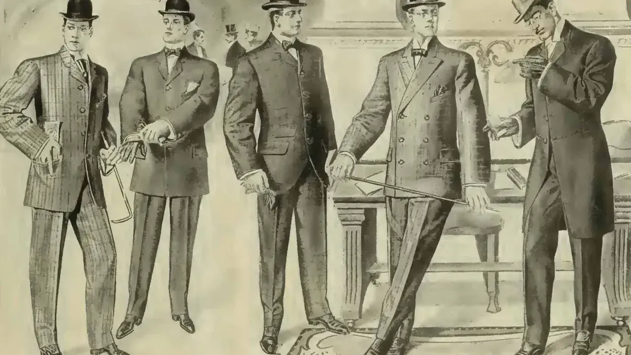 Five men in vintage cocktail attire, showcasing suits, hats, and accessories.