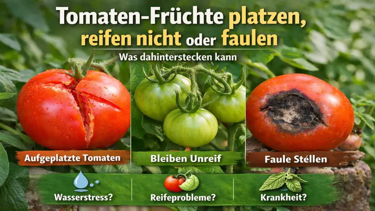 Aufgeplatzte, unreife oder faule Tomaten. Ursachen können Wasserstress, Reifeprobleme oder Krankheit sein.
