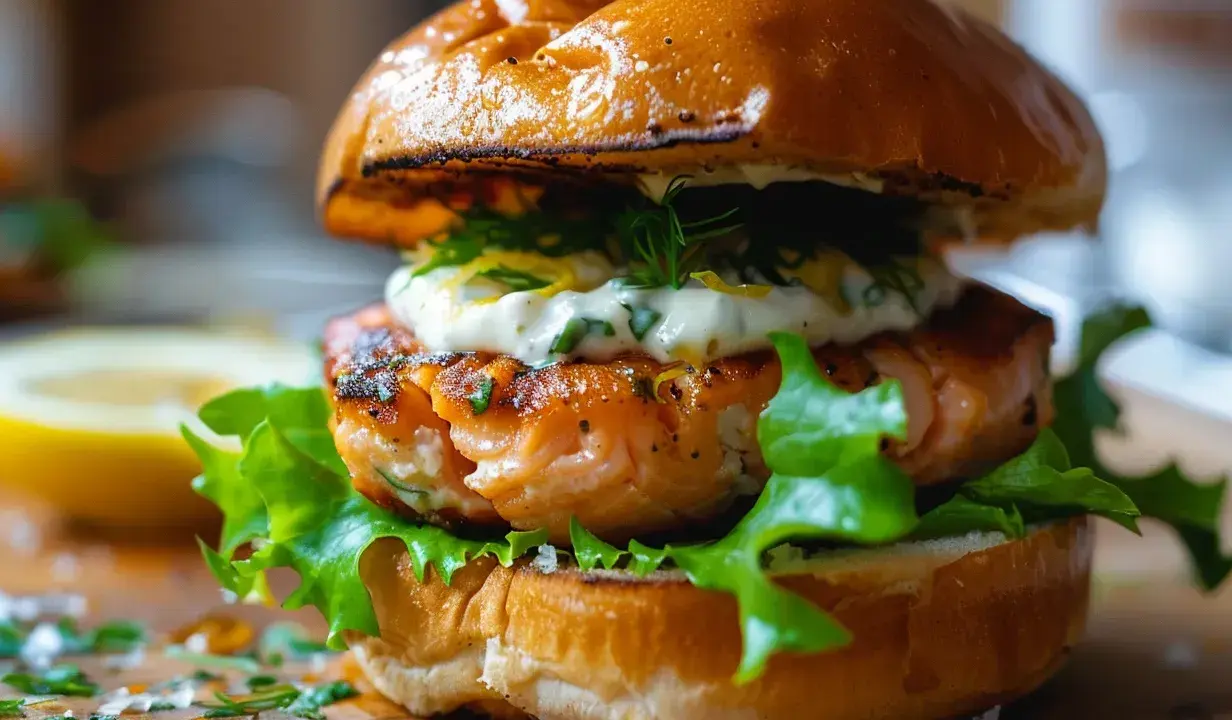 En saftig laxburgare med krämig sås och färska örter. Ett perfekt laxburgare recept för en god middag.