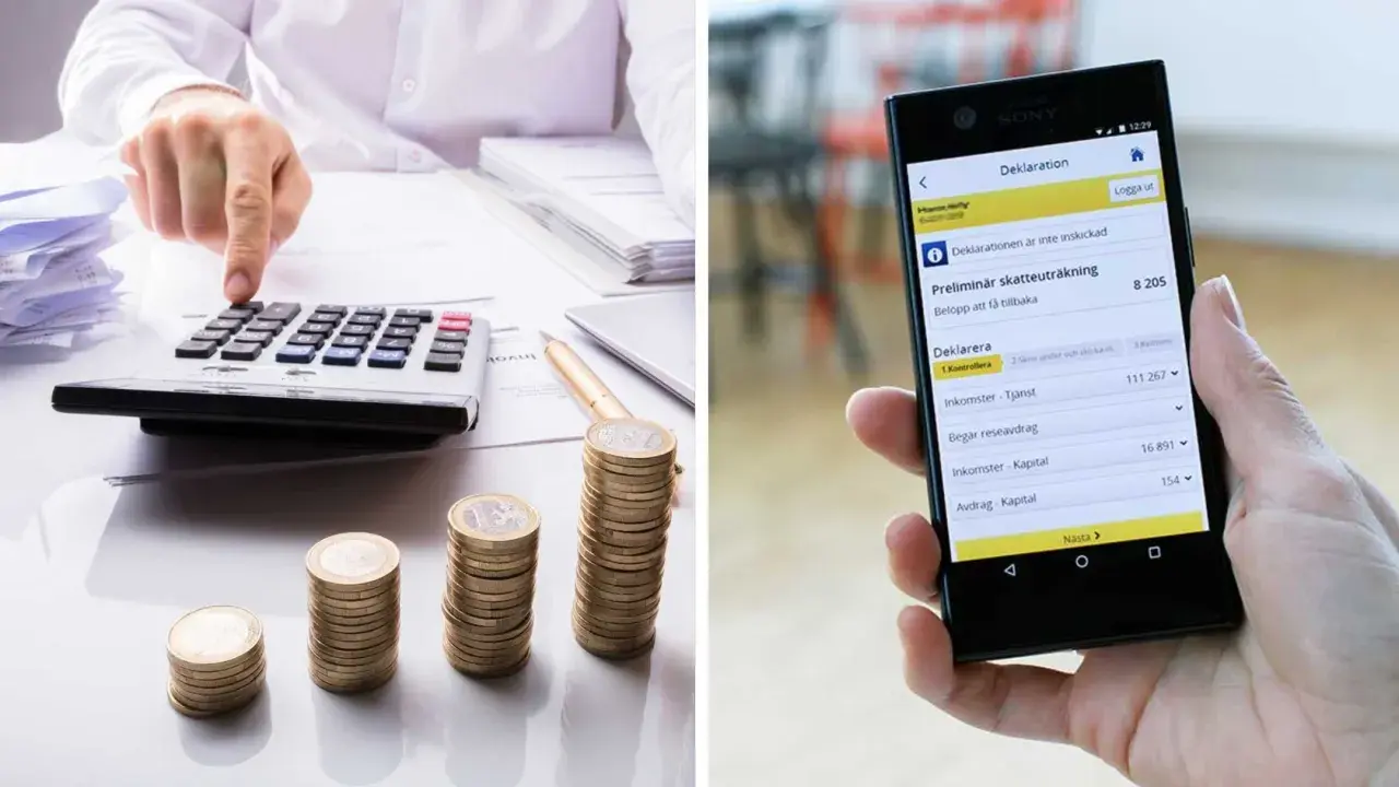 Person räknar på miniräknare med myntstaplar. En mobil visar en preliminär skatteuträkning, en del av vinst skatt.
