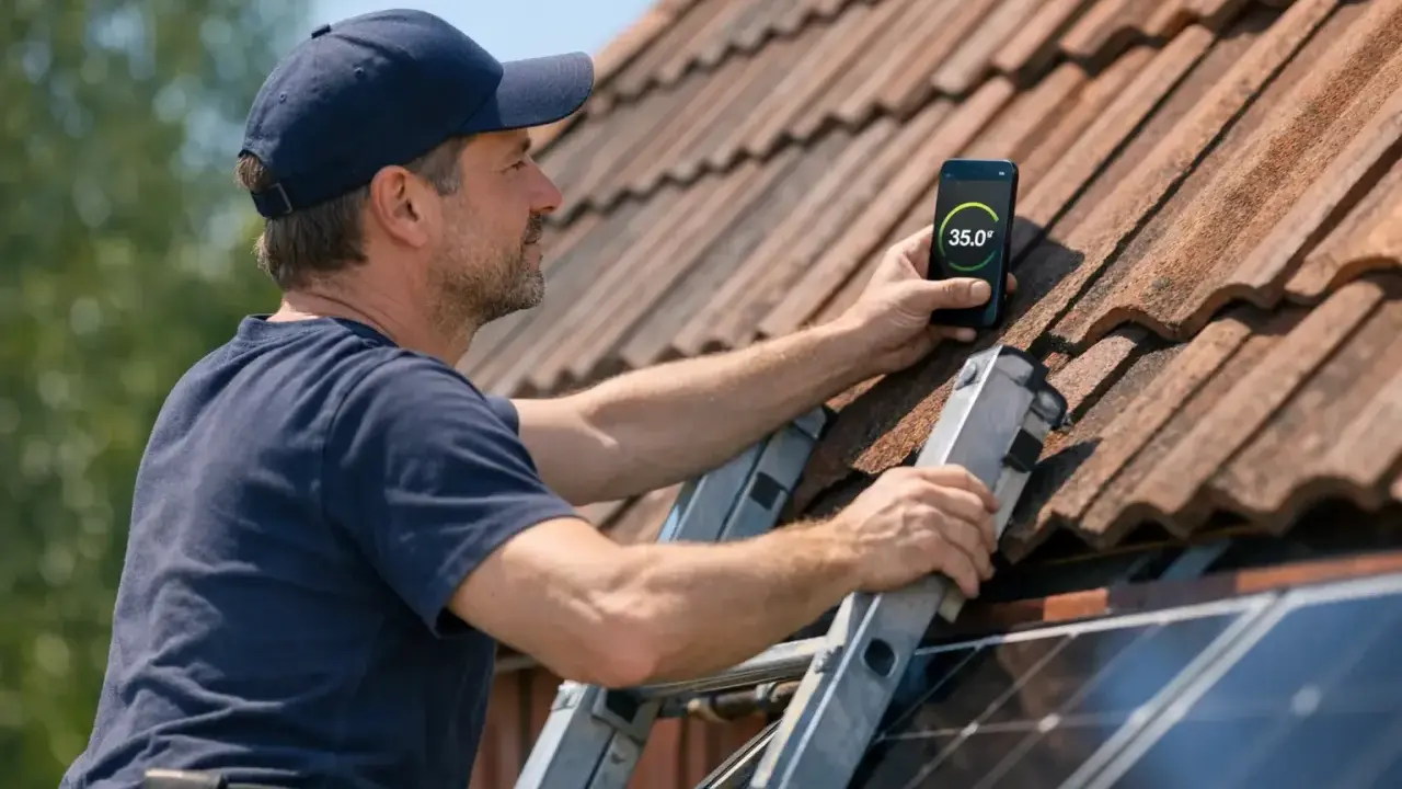 Installatör på taket kontrollerar solpanelernas solvinkel med en app på mobilen.