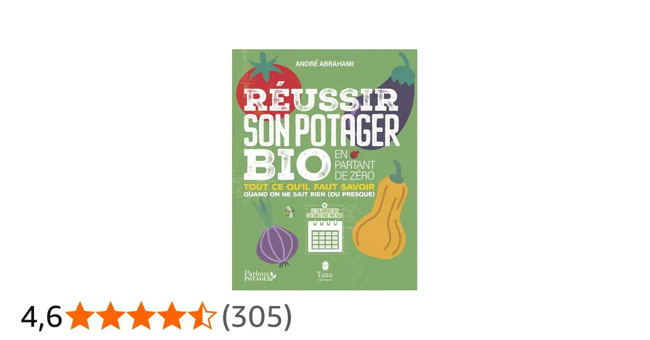 Couverture du livre "Réussir son potager bio" avec des illustrations de vieux légumes français comme une aubergine, une courge, un oignon rouge et une tomate.