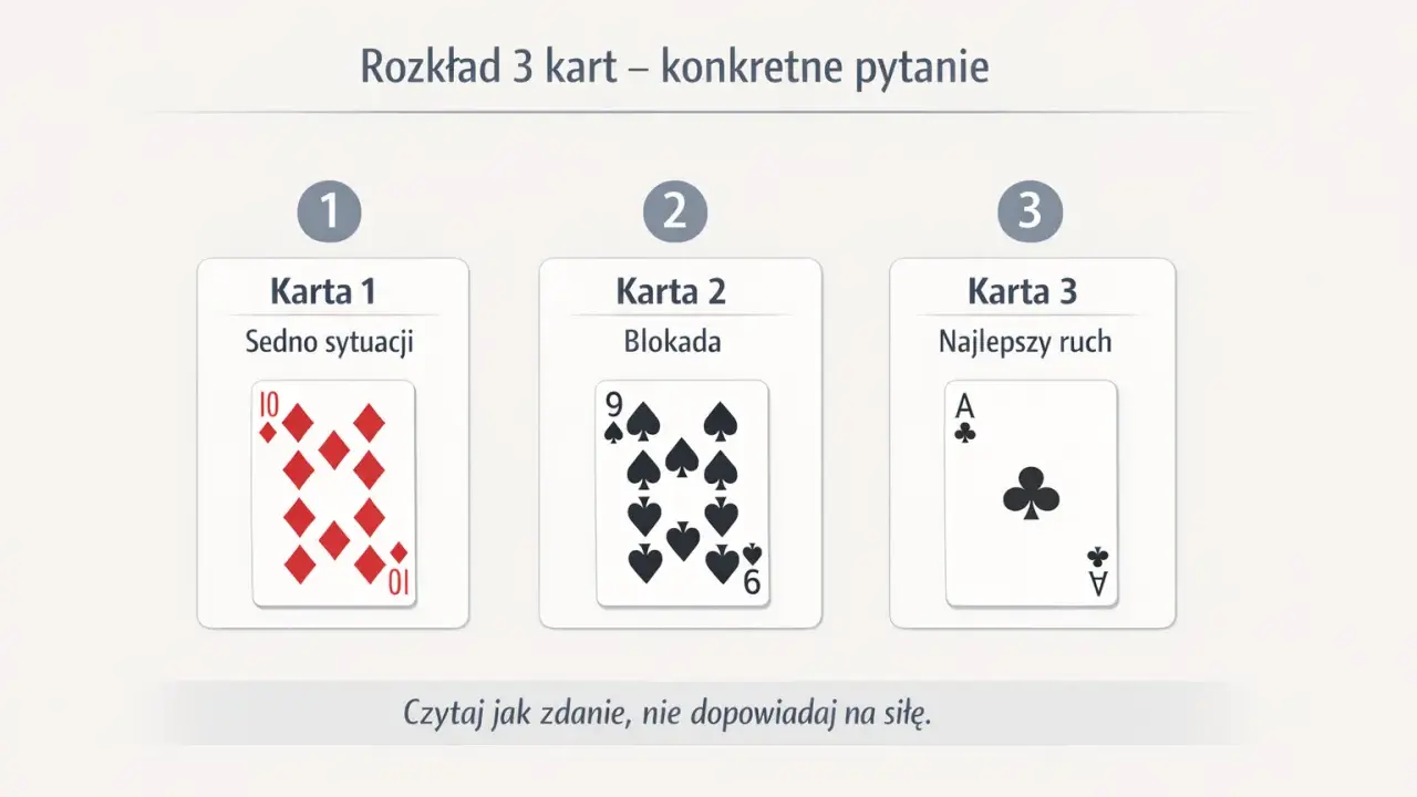 Rozkład 3 kart do wróżenia: sedno sytuacji (10 karo), blokada (9 pik) i najlepszy ruch (As trefl).