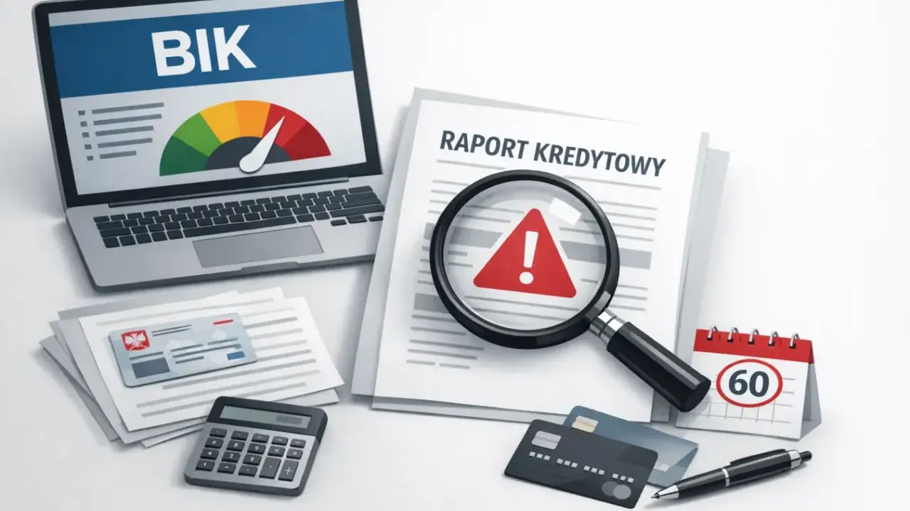 Raport kredytowy z BIK, lupa z wykrzyknikiem, kalkulator i karty płatnicze. Jak usunąć dane z długi info?