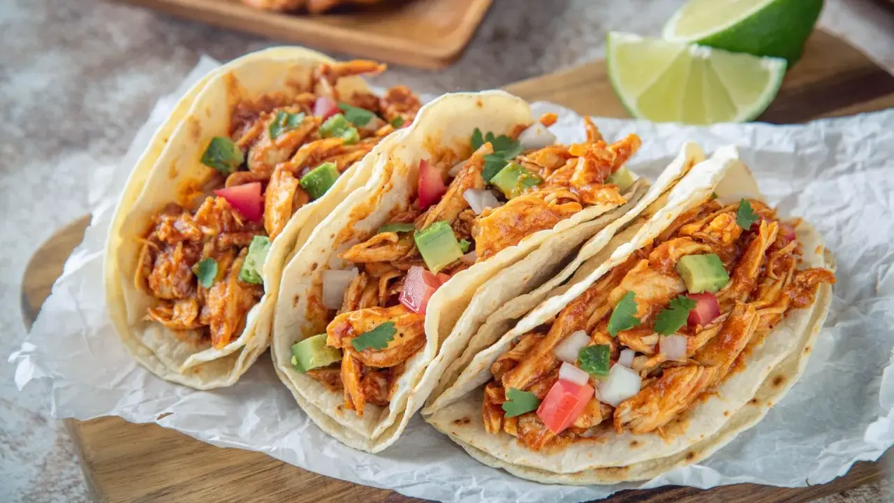 Drei saftige Hähnchen-Tacos mit Avocado, Tomaten und Koriander. Ein einfaches Tacos Rezept für den perfekten Genuss.