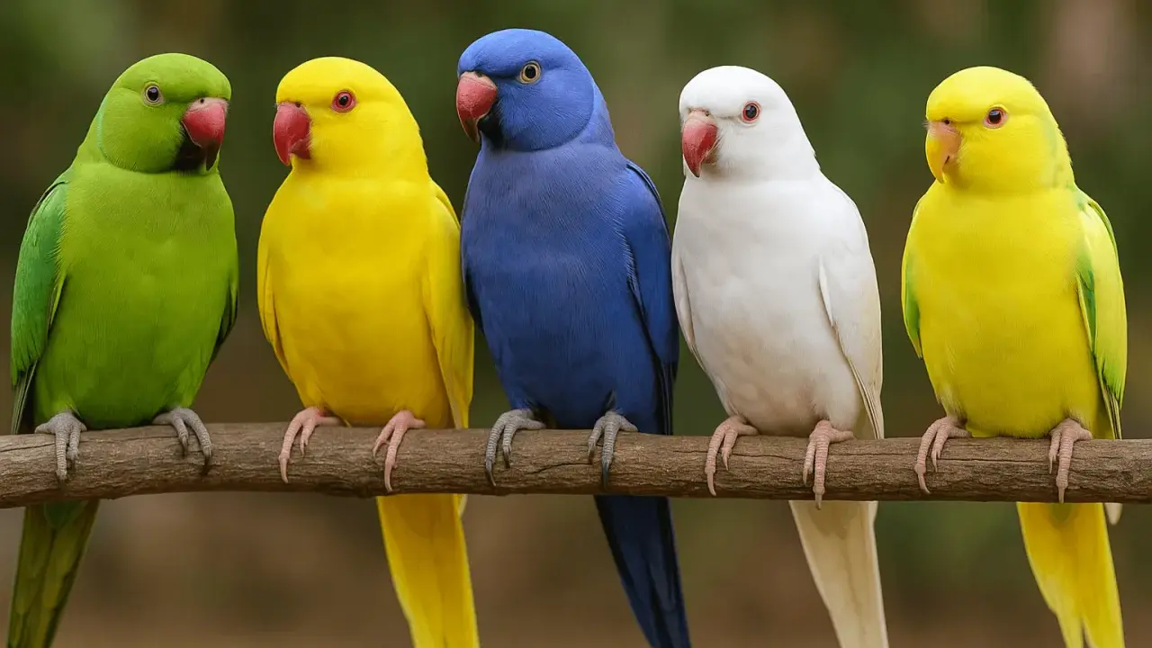 Cinque parrocchetti dal collare dai colori vivaci: verde, giallo, blu, bianco e giallo, siedono su un ramo.