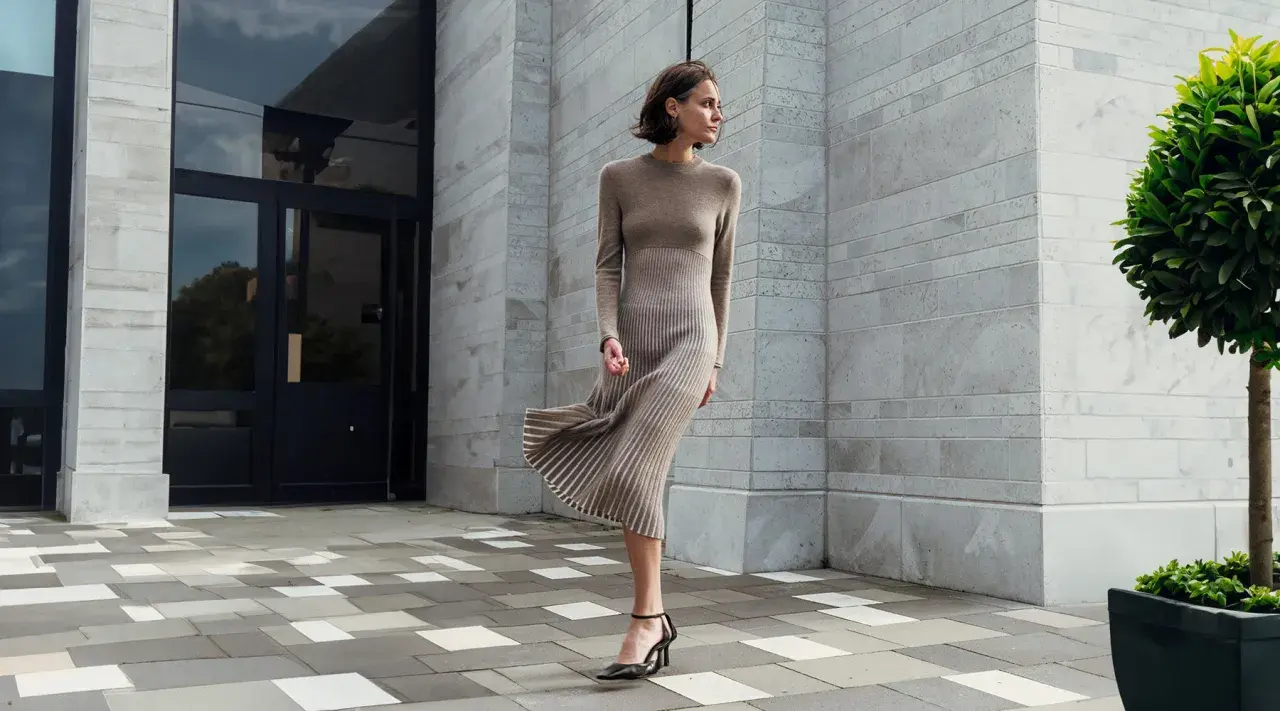 Mujer con vestido de punto elegante, ideal para aprender como hacer un vestido de punto para mujer.