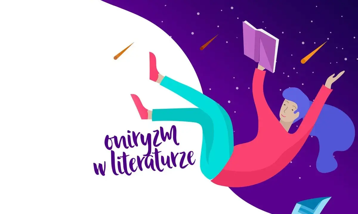 Oniryczny świat literatury, gdzie czytelniczka unosi się wśród gwiazd z otwartą książką.