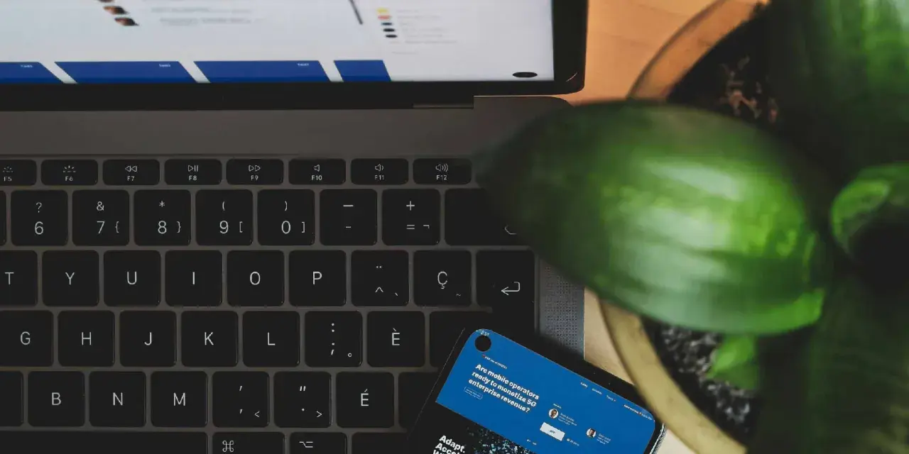 Laptop, telefon i roślina tworzą scenę dla kampanii brandowej.