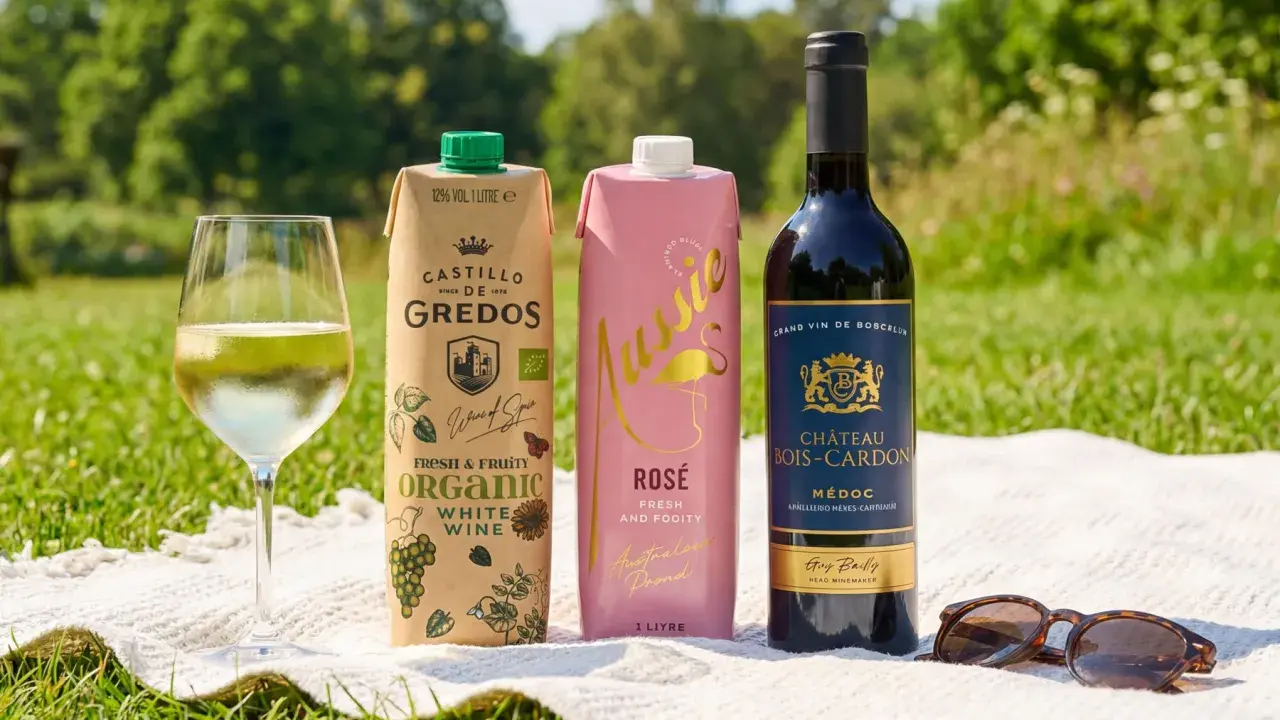 En picknick i solen med vitt vin, rosé i kartong och en flaska rött. Perfekt för en härlig glou glou-stund.