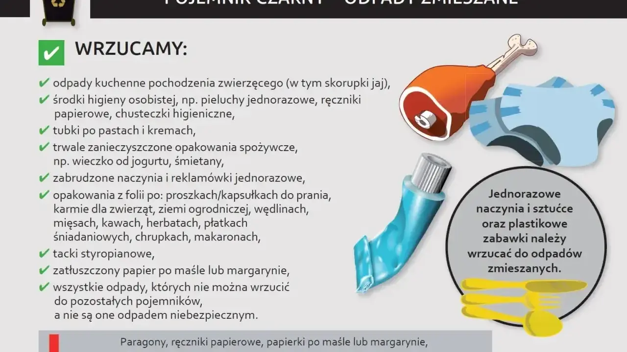 Co wrzucać do zmieszanych? Odpady kuchenne, higieniczne, zabrudzone opakowania, styropian, zatłuszczony papier i inne, które nie mają dedykowanego pojemnika.
