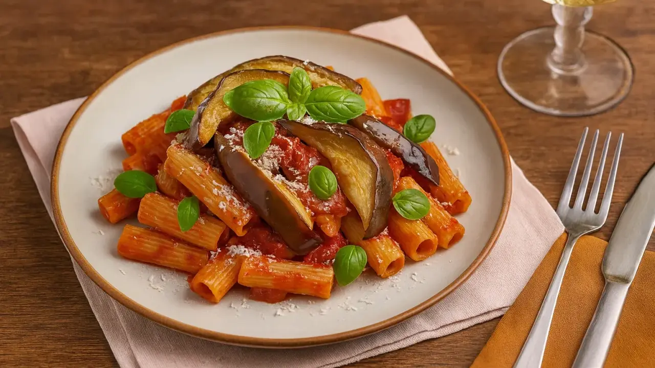 Pasta alla Norma mit Auberginen, Tomatensauce und Basilikum auf einem Teller, garniert mit Parmesan.