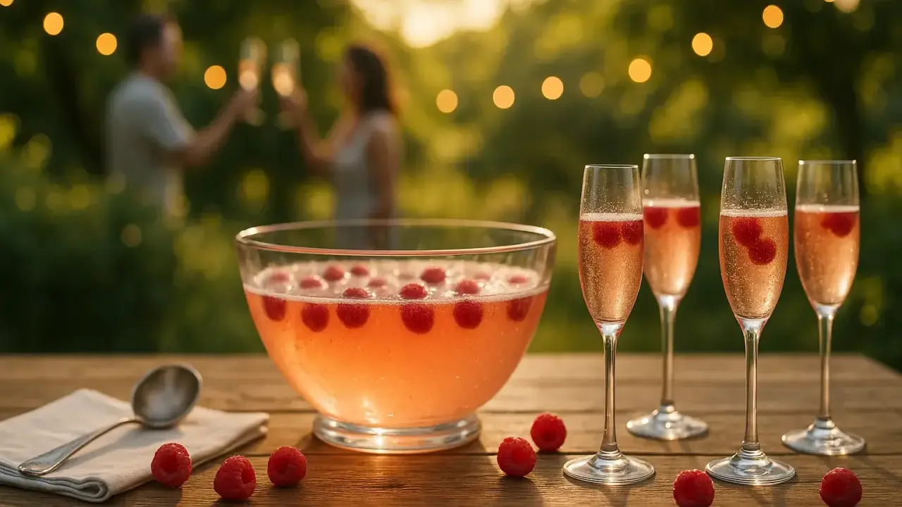 Un grand bol de soupe de champagne rose avec des framboises flotte sur une table en bois. Quatre flûtes à champagne remplies de la même boisson pétillante sont alignées.