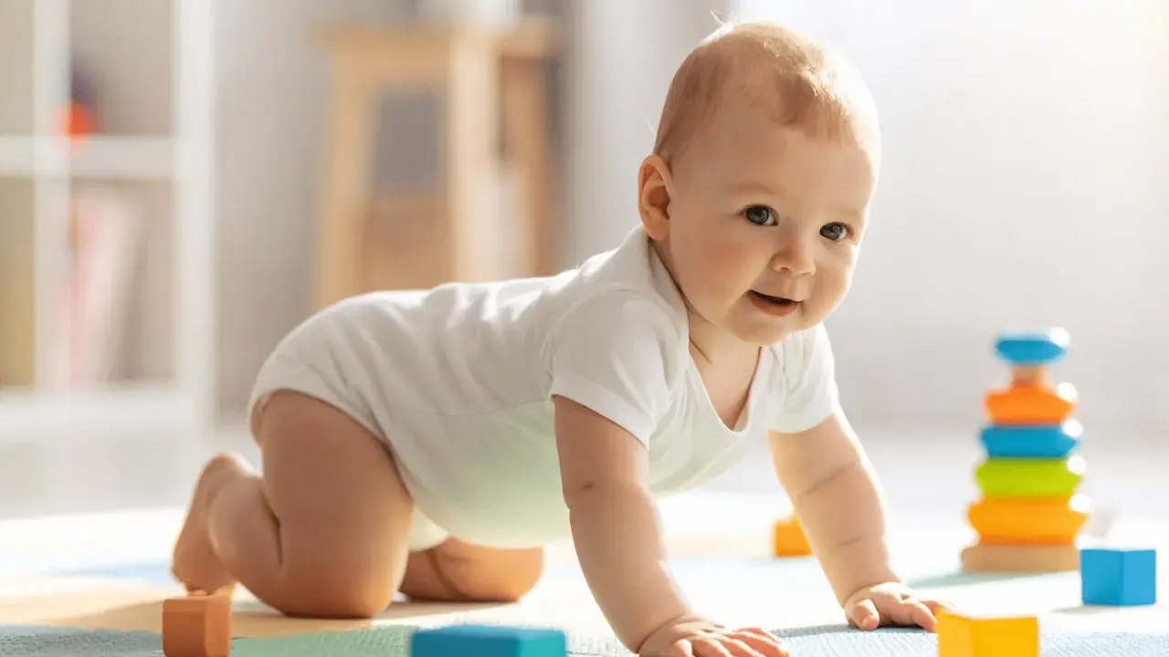 Bebé de 3 meses gateando, rodeado de bloques de colores y un apilador de aros, ideal para estimular su desarrollo.