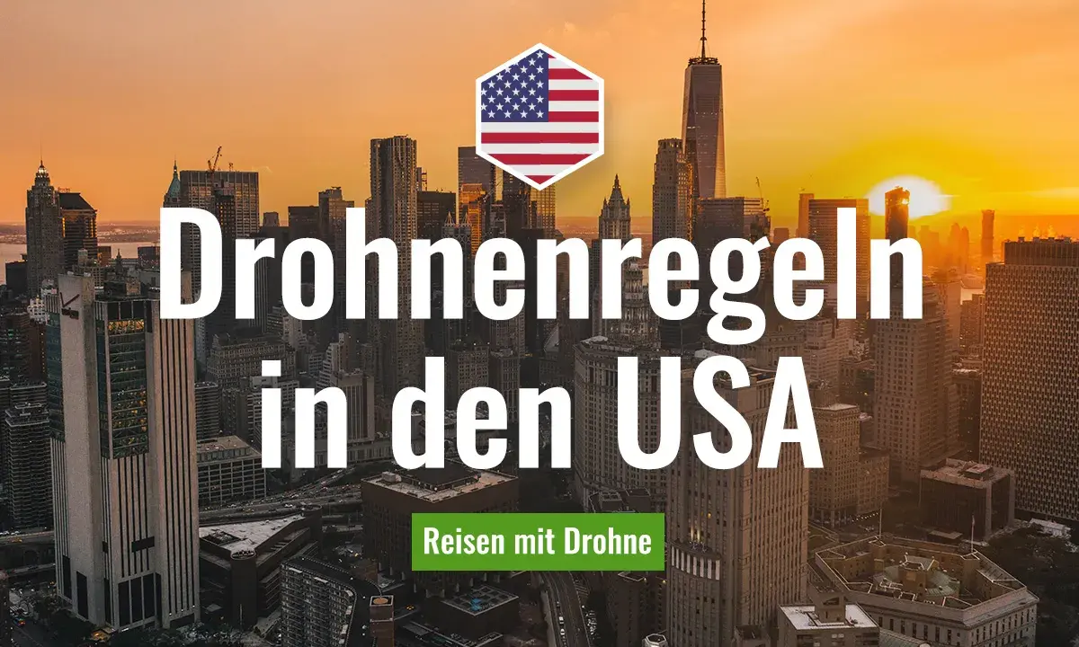 Drohnenregeln in den USA: Ein Hexagon mit US-Flagge über einer Skyline bei Sonnenuntergang. Reisen mit Drohne.