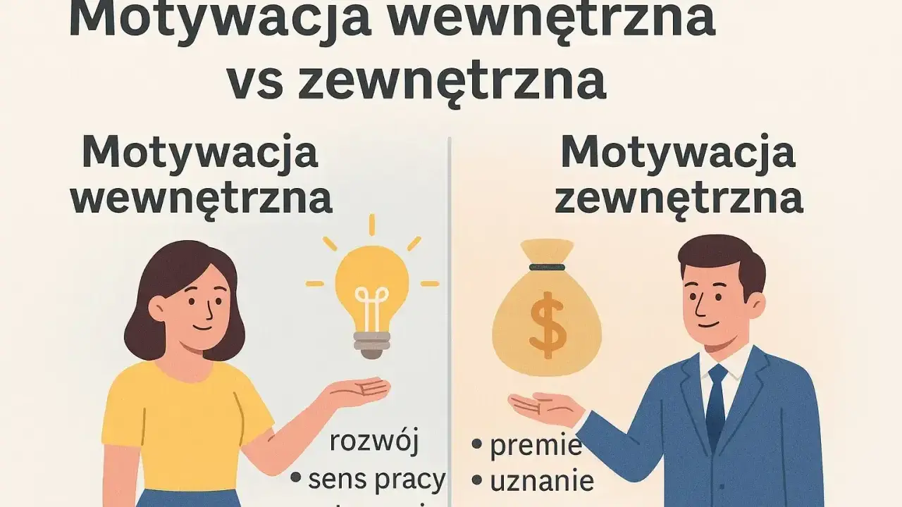 Ilustracja porównuje motywację wewnętrzną (rozwój, sens pracy, autonomia) z zewnętrzną (premie, uznanie, awanse), pokazując różne sposoby motywowania pracowników.