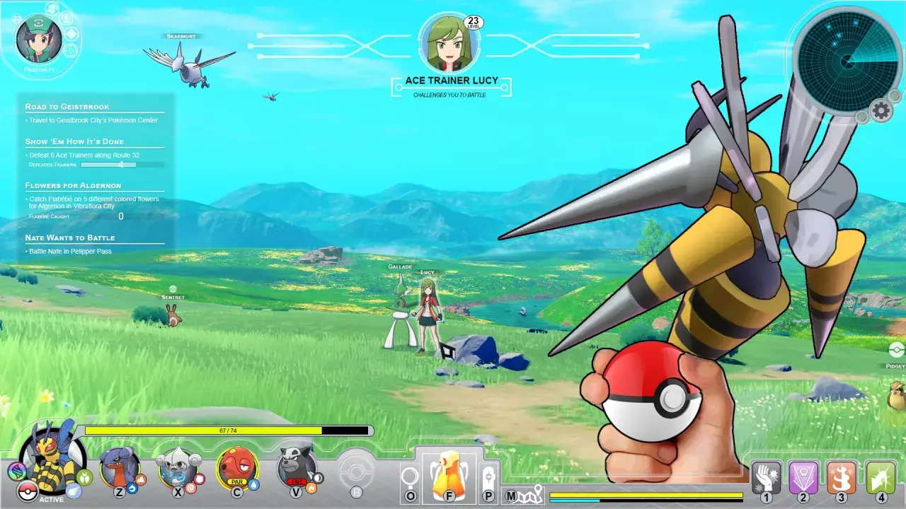Gracz w gry pokemon przygotowuje się do bitwy z Trenerką Lucy. W ręku trzyma Poké Balla, a na ekranie widnieją cele misji.