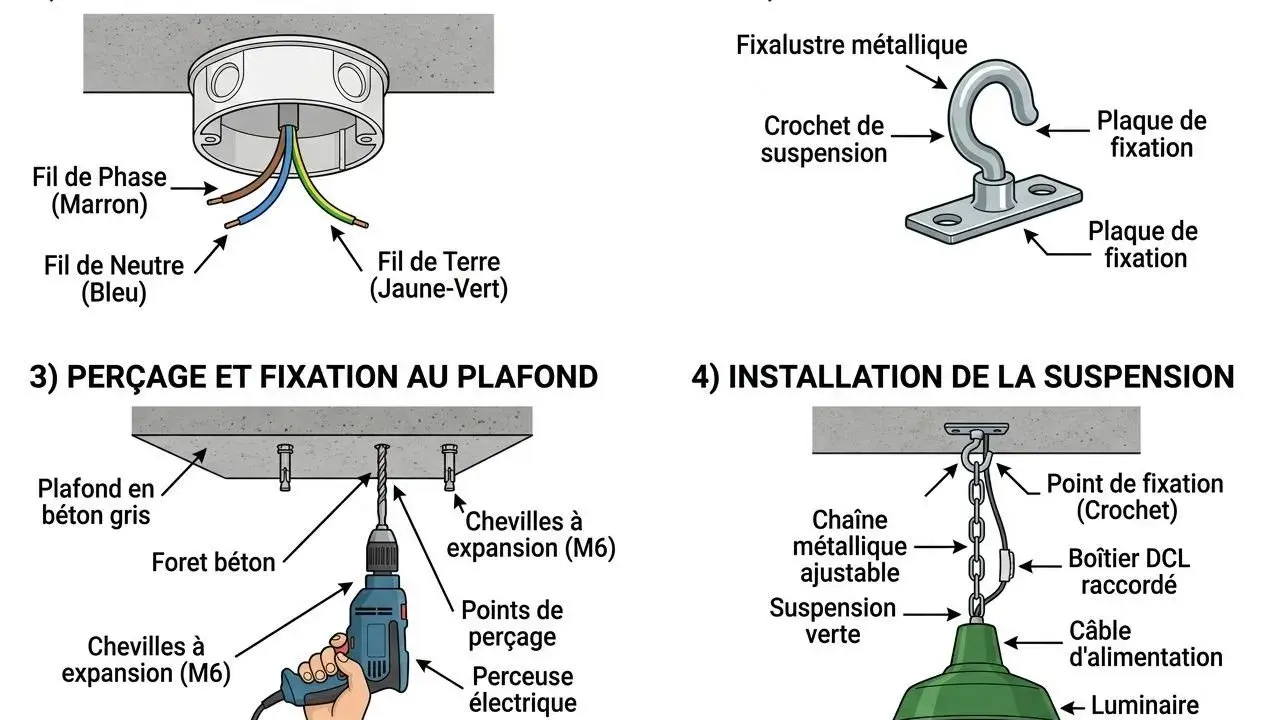 Étapes pour installer un luminaire au plafond : préparation du boîtier DCL, fixation métallique, perçage et installation de la suspension.