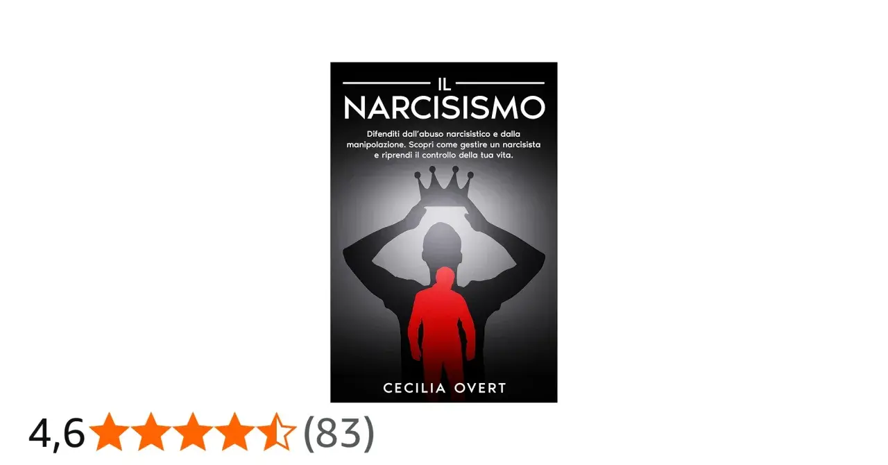 Copertina libro "Il Narcisismo": silhouette di una persona che indossa una corona, con un'altra figura rossa in primo piano. Guida su come manipolare un narcisista.