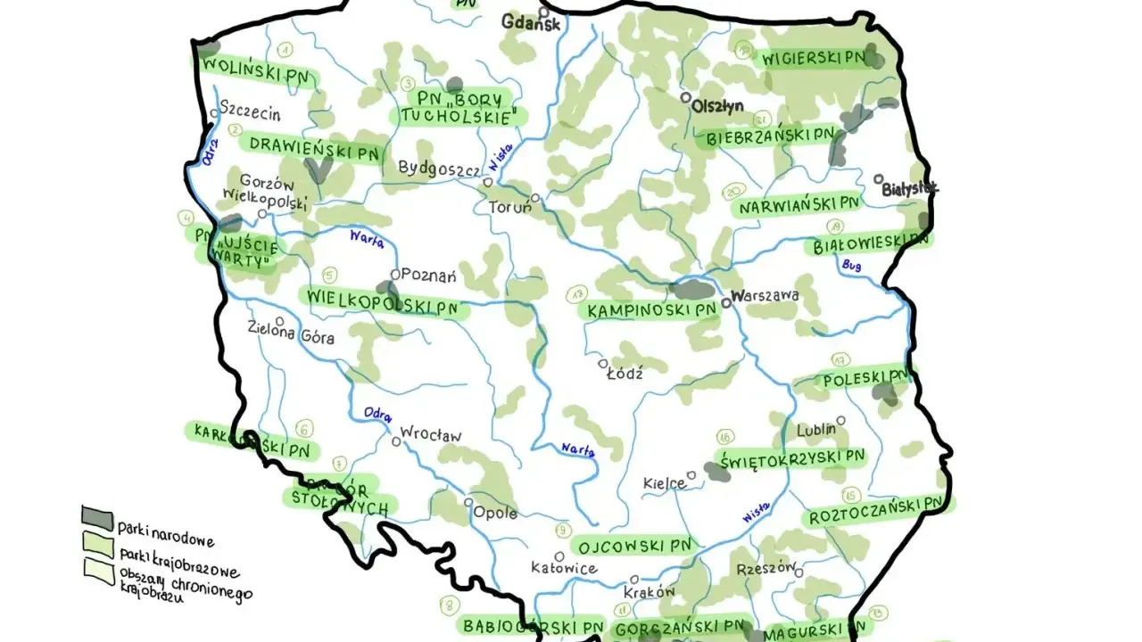 Mapa Polski z zaznaczonymi parkami narodowymi. W sumie jest ich 23, a na mapie widać ich rozmieszczenie.