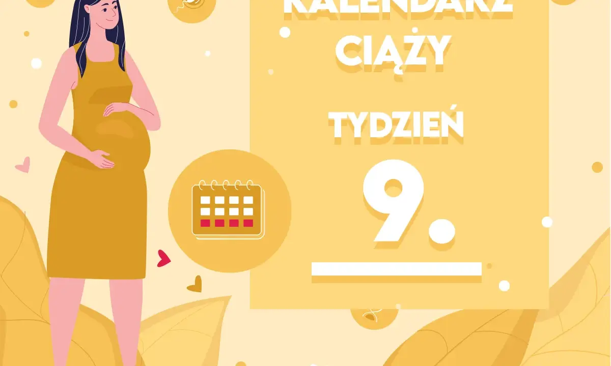Kobieta w 9 tygodniu ciąży, z widocznym brzuszkiem, na tle kalendarza ciąży.