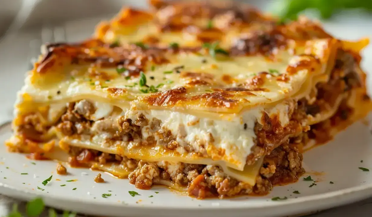 En bit krämig lasagne med köttfärs och bechamelsås, toppad med gyllene ost.