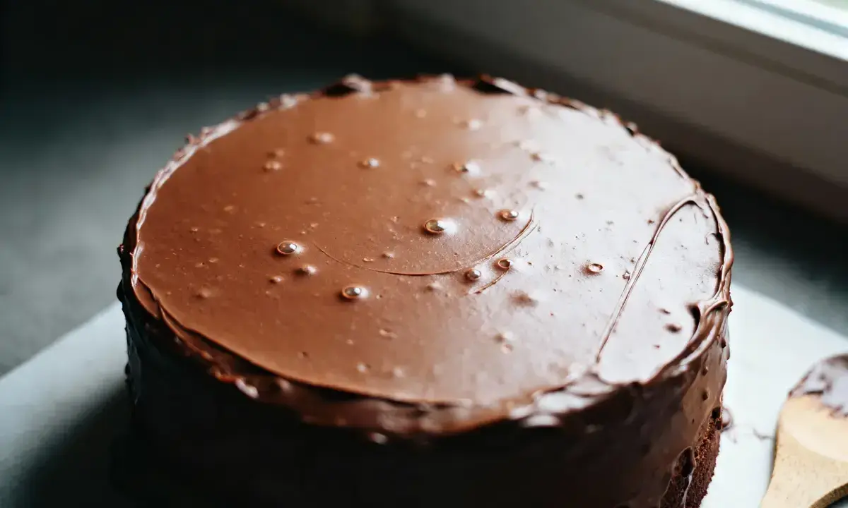 Gâteau rond recouvert d'un glacage chocolat noir brillant, avec quelques bulles d'air.