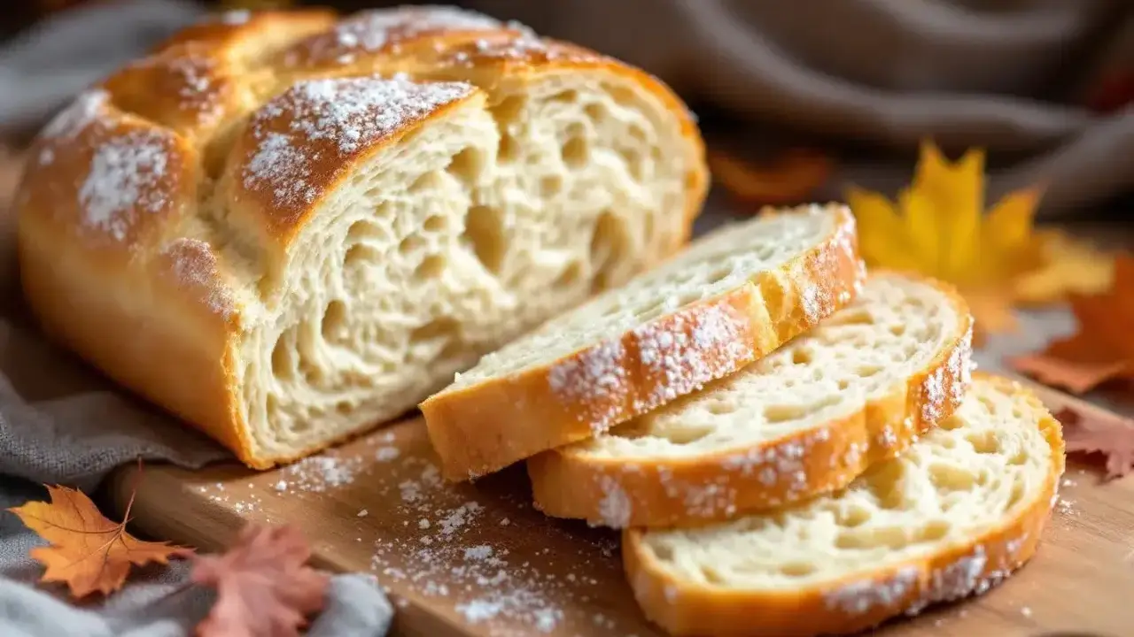 Pain viennois moelleux, saupoudré de sucre glace, coupé en tranches sur une planche en bois, avec des feuilles d'automne en arrière-plan.