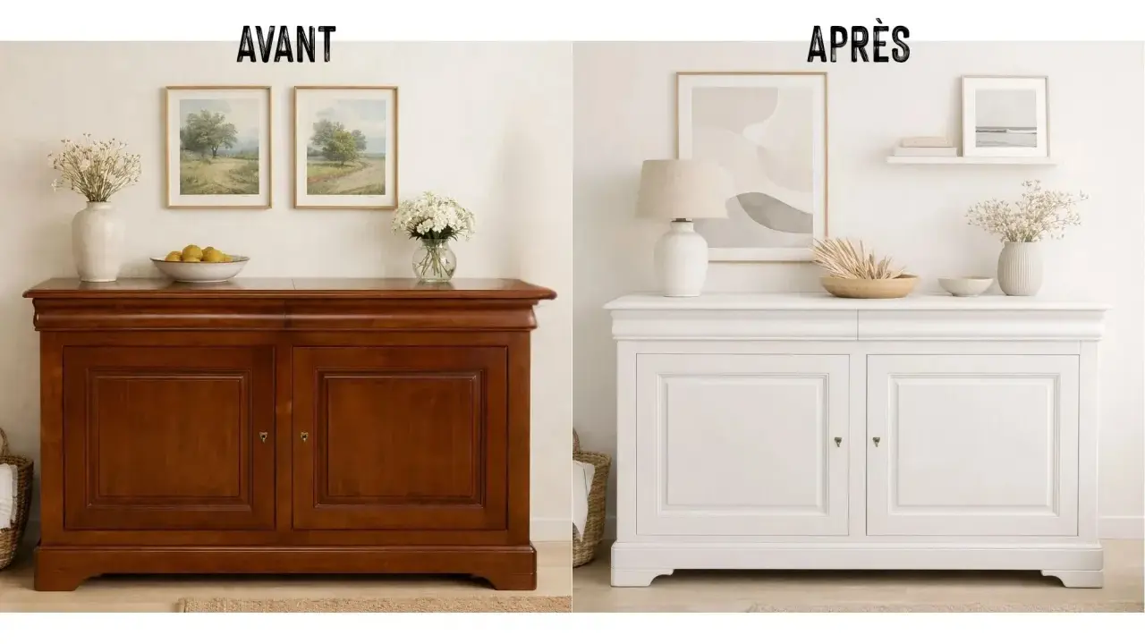 Avant/après : un meuble Louis Philippe brun transformé en blanc éclatant. Quelle couleur avec meuble Louis Philippe ? Le blanc lui donne une nouvelle vie !