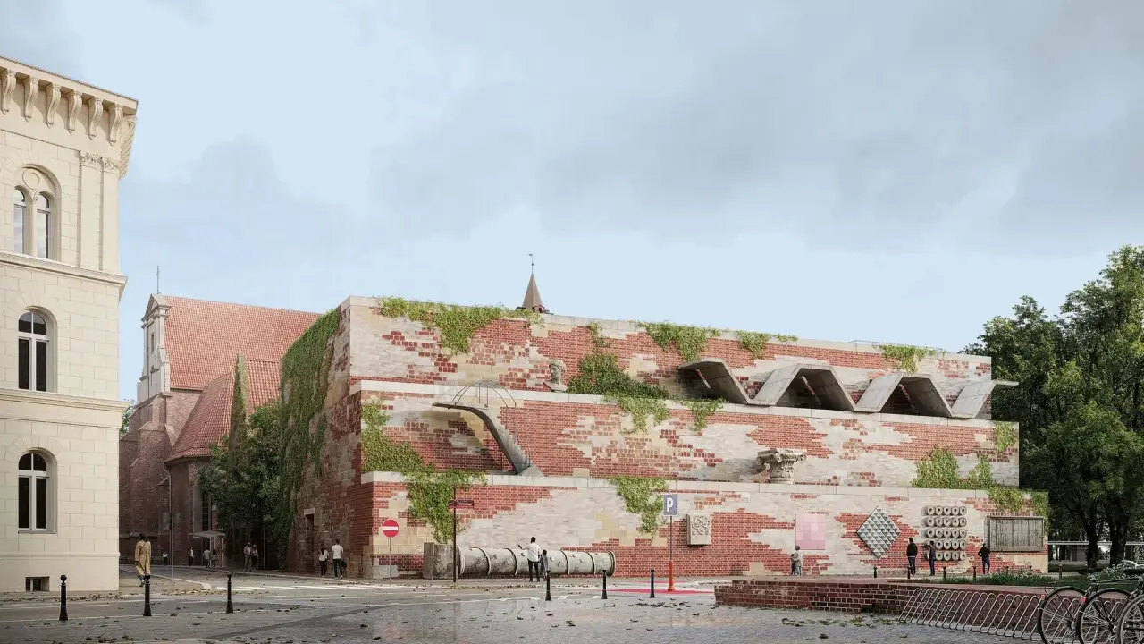 Nowoczesna bryła z cegły, porośnięta zielenią, nawiązuje do historycznych budynków. Jej projekt opiera się na **dry principles** estetyki i funkcjonalności.