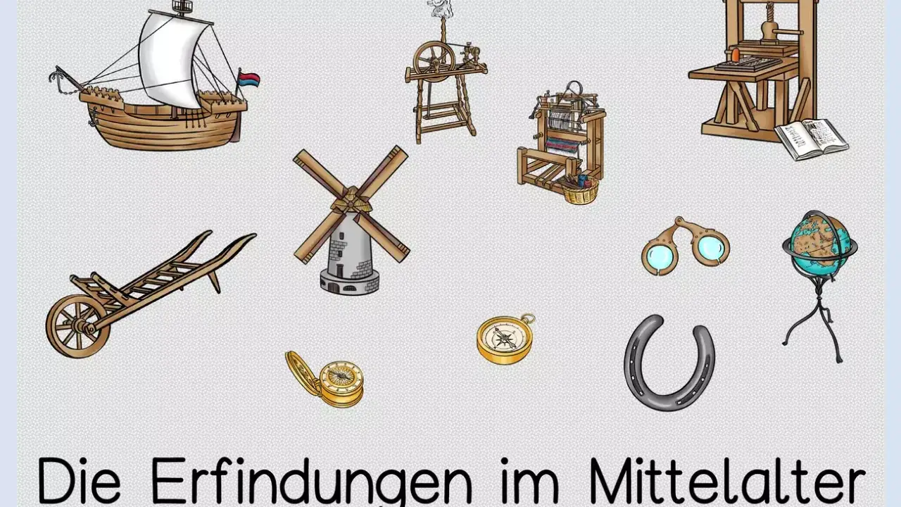 Eine Sammlung von mittelalterlichen Erfindungen: Schiff, Windmühle, Webstuhl, Buchdruckpresse, Kompass, Hufeisen, Globus, Brille und Schubkarre.