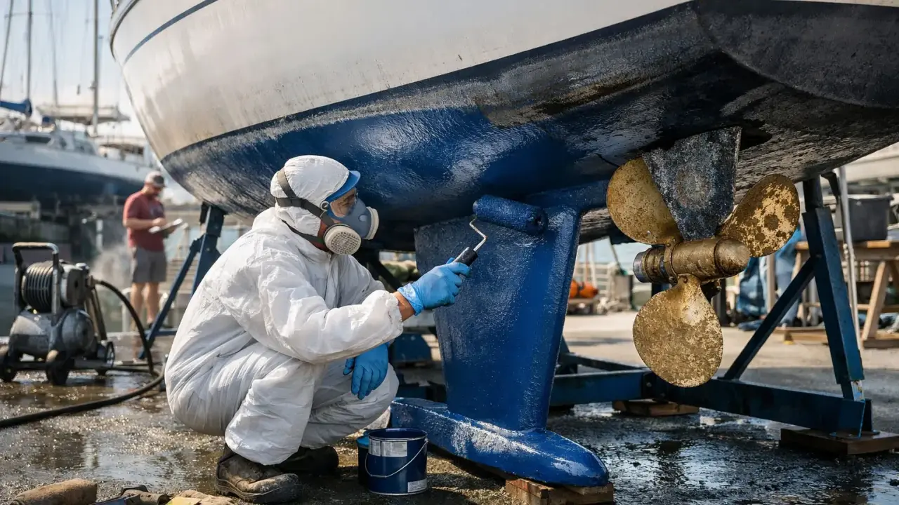 Application d'antifouling sur la quille d'un bateau. Le temps avant mise à l'eau dépend du produit.