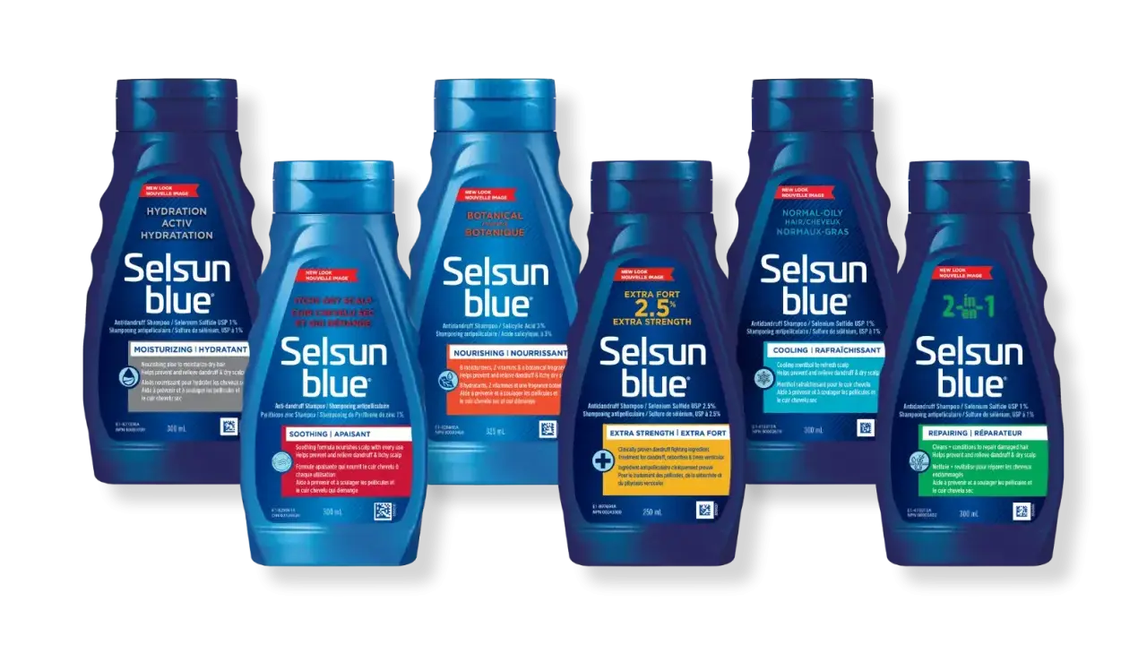 Gamme Selsun Blue avec disulfure de sélénium pour différents besoins capillaires : hydratation, apaisement, nutrition, force extra, et réparation.