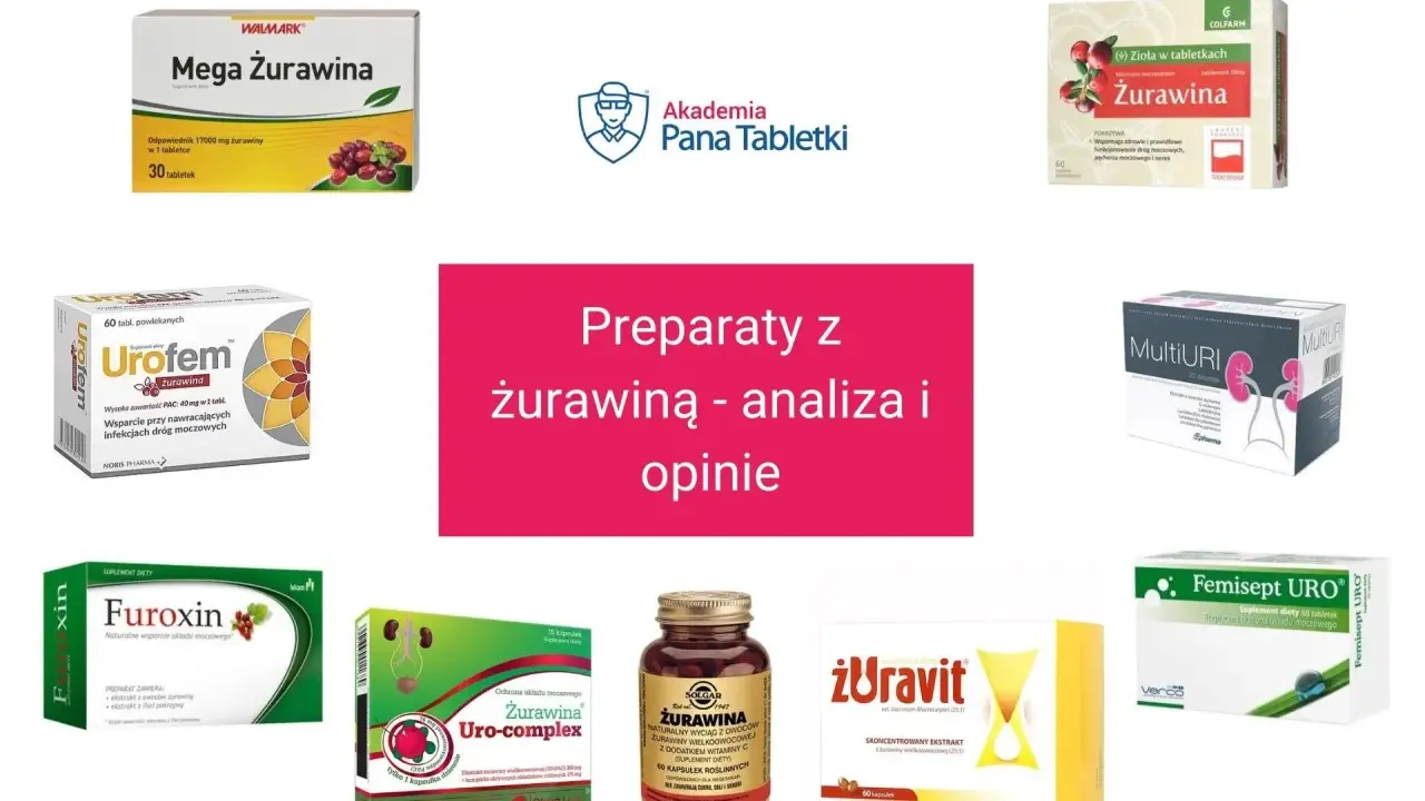 Preparaty z żurawiną na pęcherz: Mega Żurawina, Urofem, Furoxin, Żuravit i inne.
