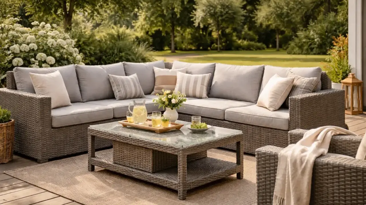 Wypoczynek na tarasie z meblami z technorattanu. Co to jest rattan? To materiał, który imituje naturalny rattan, ale jest trwalszy i odporny na warunki atmosferyczne.