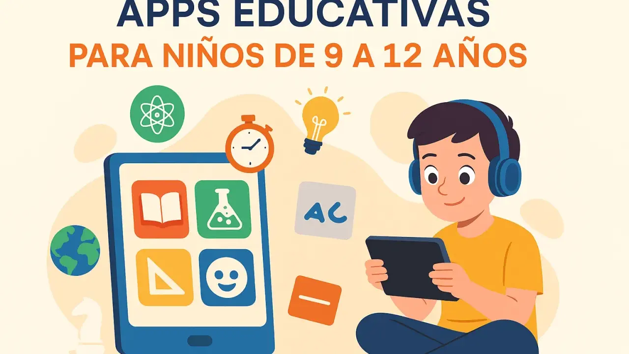 Un niño con auriculares usa una tablet rodeado de iconos que representan aplicaciones educativas para niños.