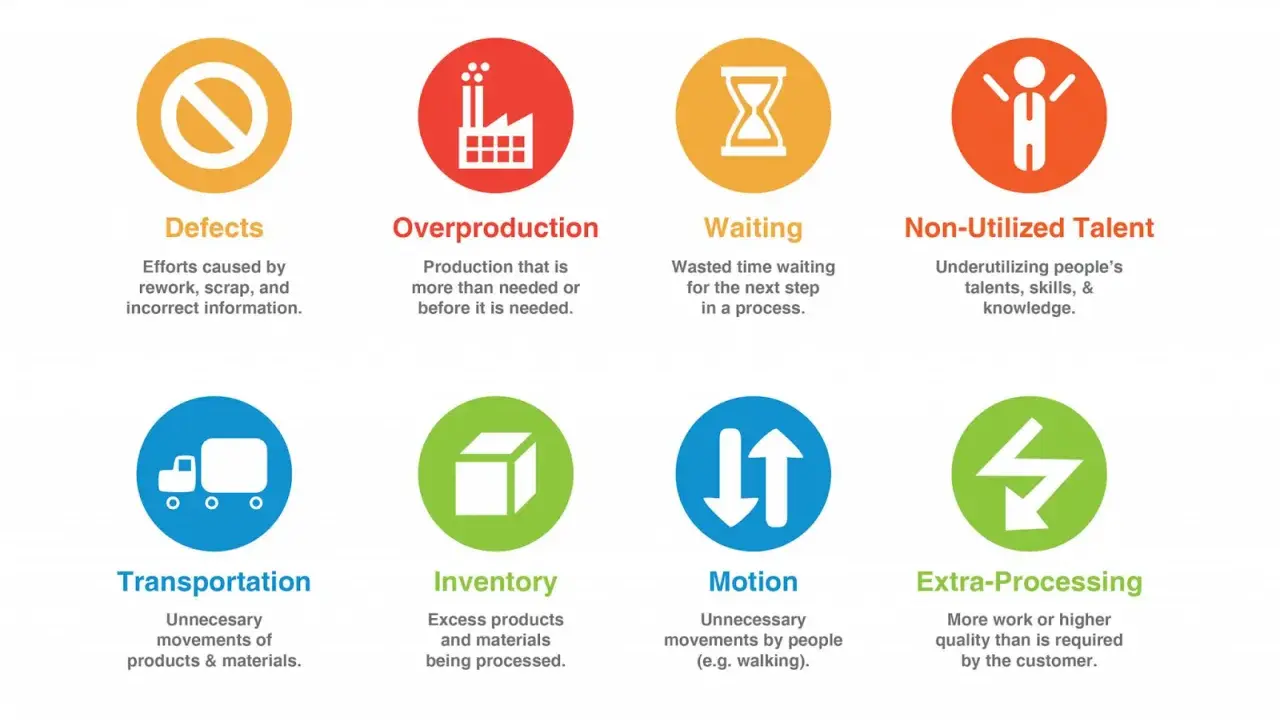 Los 8 desperdicios que explica **que es lean construction**: defectos, sobreproducción, espera, talento no utilizado, transporte, inventario, movimiento y sobreprocesamiento.