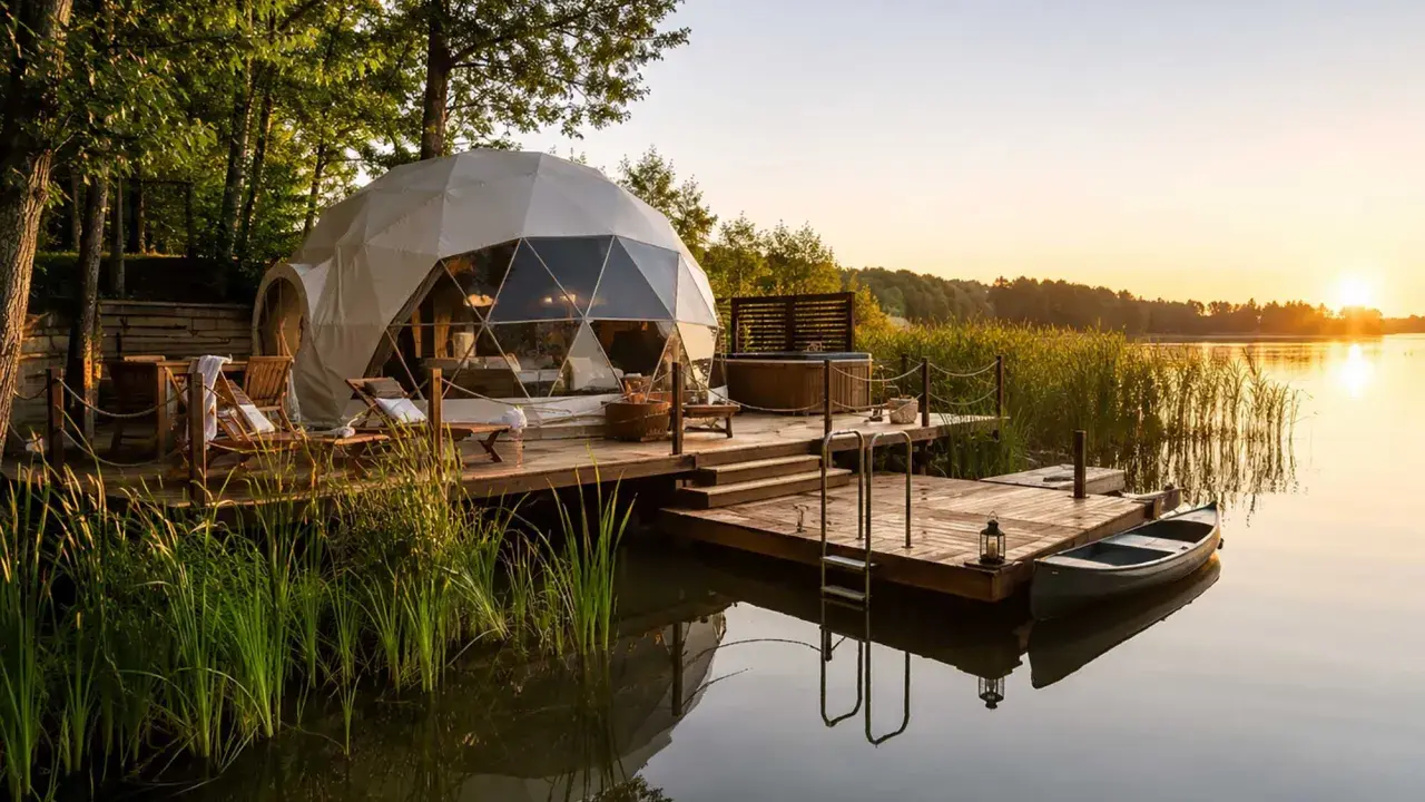 Domek w stylu aloha camp nad jeziorem, z jacuzzi i łódką przy pomoście. Zachód słońca.