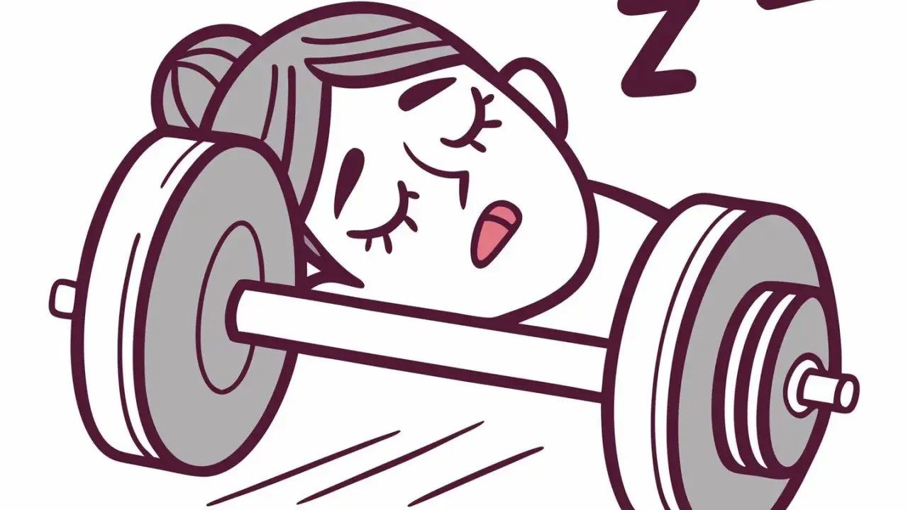 Eine Frau schläft erschöpft auf einer Hantel ein. Sie wollte wohl nachts Sport machen, aber die Müdigkeit hat sie übermannt.