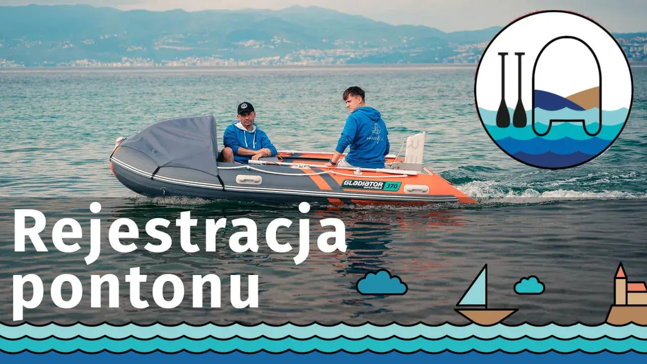 Dwóch mężczyzn płynie pontonem. Dowiedz się o pływanie pontonem przepisy i rejestracja pontonu.