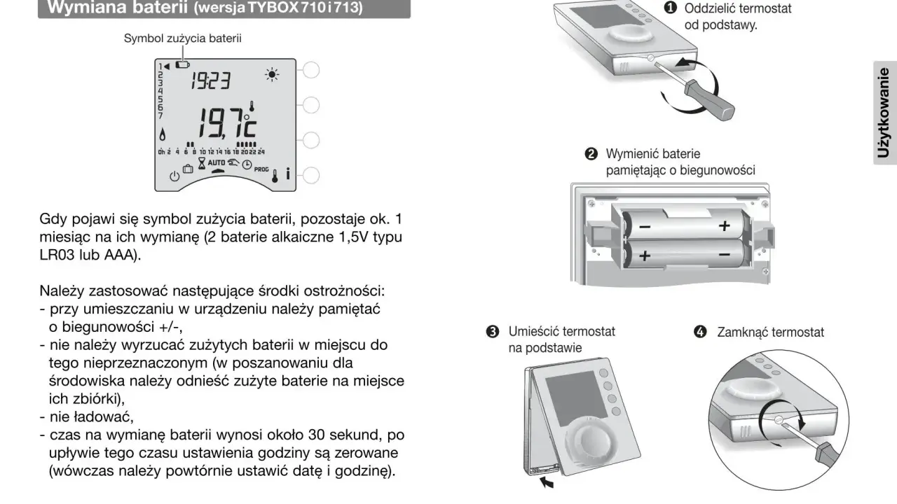Instrukcja wymiany baterii w TYBOX 710i713: odłącz termostat, wymień baterie pamiętając o biegunowości, umieść termostat na podstawie i zamknij.