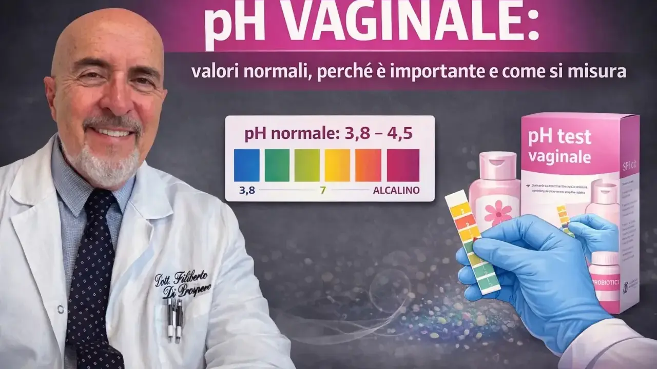Medico sorridente in camice bianco, con grafico pH vaginale e kit test. Immagine a tema medicina.