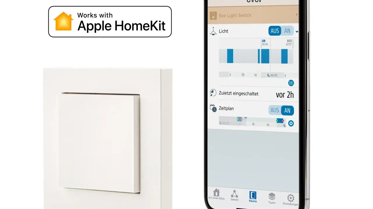 So einfach machst du deinen Lichtschalter smart: Ein weißer Schalter und ein iPhone mit der Eve App zeigen, wie HomeKit-Steuerung funktioniert.